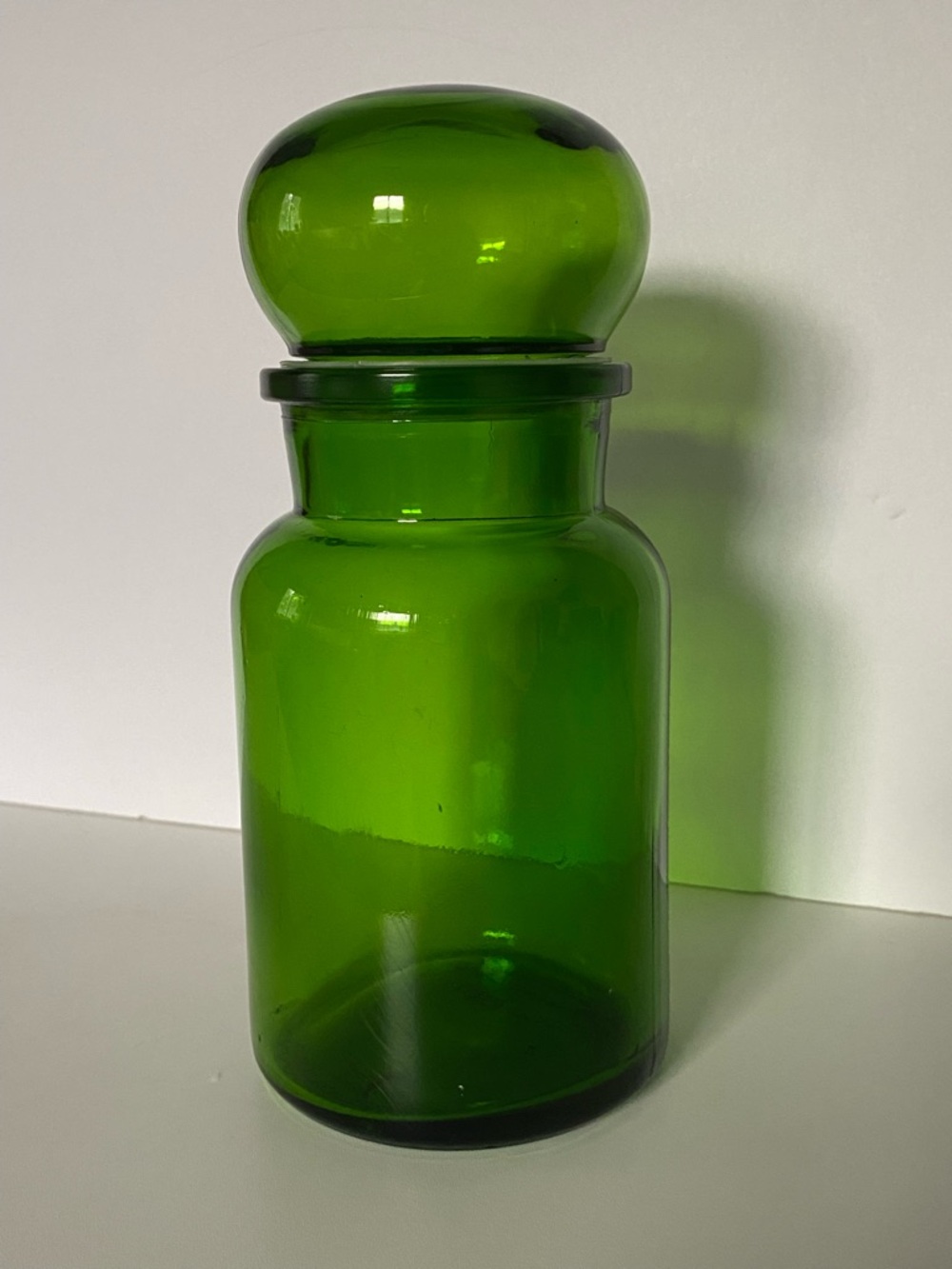 Vintage Green Mushroom Bubble Top Lid Glass Apothecary Jar Canister Belgium 8.5”